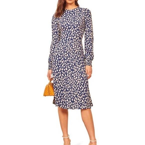 Reformation Kellan Long Sleeve Midi Dress Blue White Abstract Dot Size 0 - Picture 1 of 12